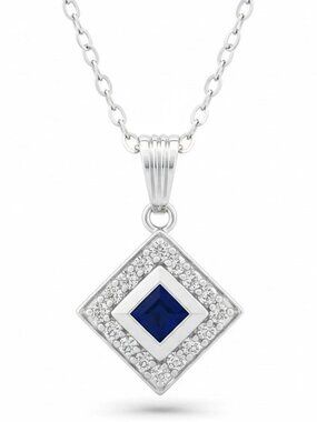 Genuine 0.33 Cts Blue Sapphire & Diamond Pendant Solid 14k White Gold